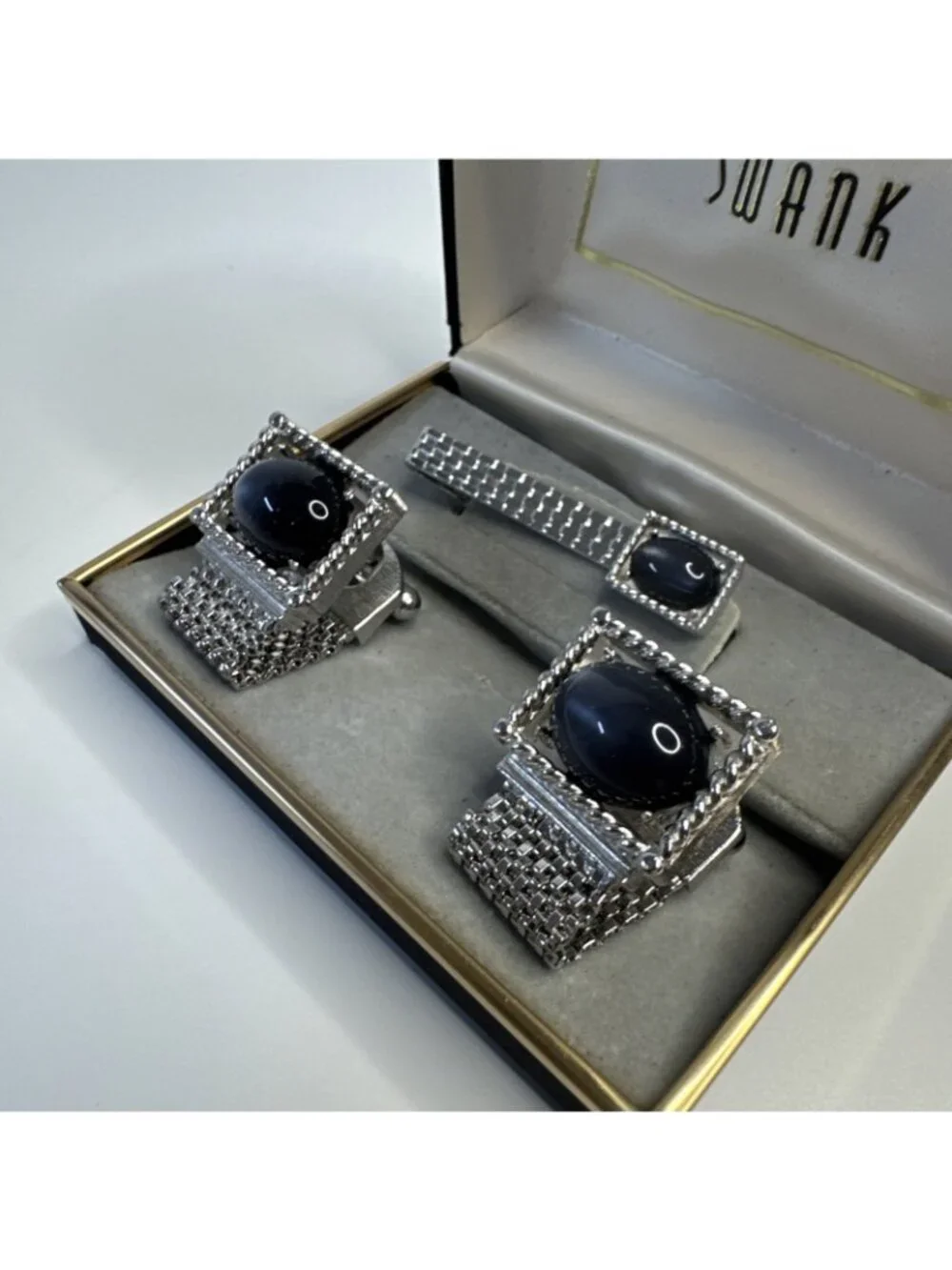 Vintage Swank Blue/Grey Stone Mesh Wrap Cufflinks & Tie Clip Original Box